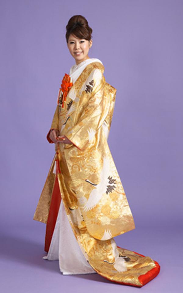 色打掛レンタル　鶴をあしらった純金箔の織物