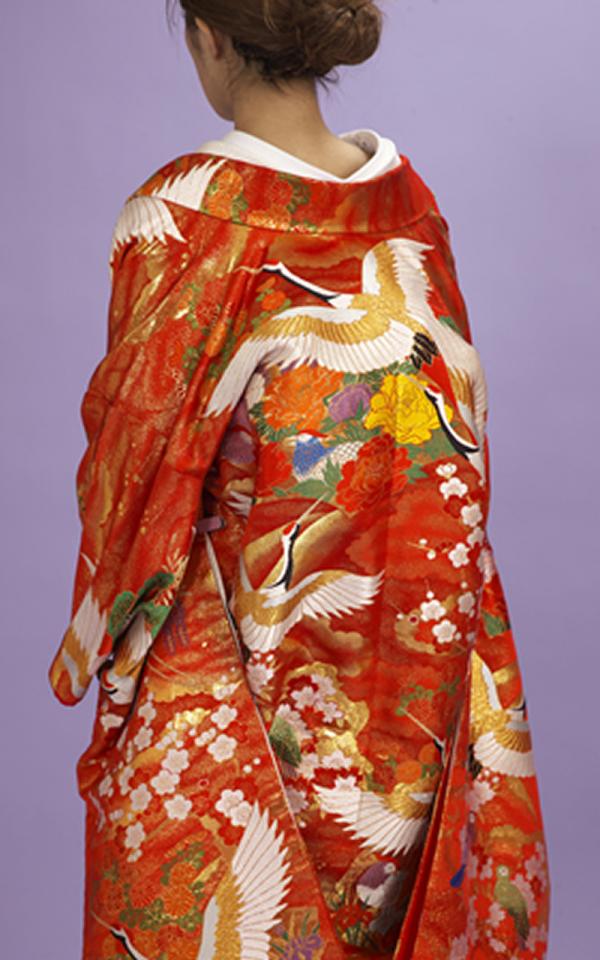 色打掛 鶴柄 赤1 リサイクル品 色打掛レンタル 赤地に鶴・四季花・オシドリ柄 / オリフリ