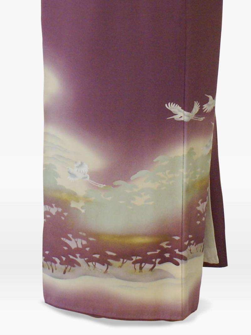 青紫色の千羽鶴に松林の色留袖