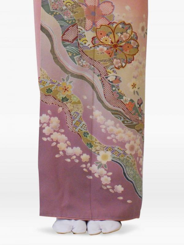 ピンク色の扇面に桜の色留袖