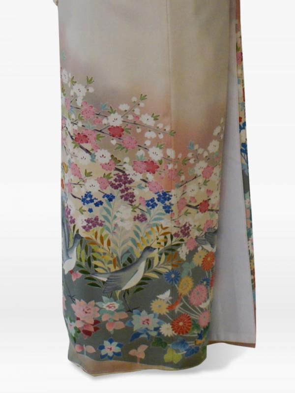 白色の満開の桜に菊鳥の色留袖